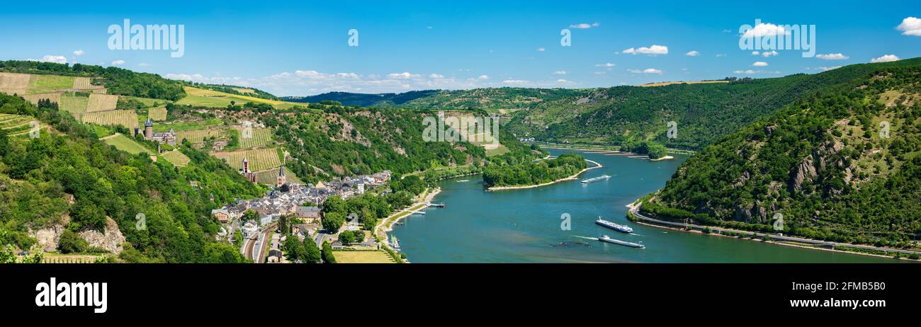 Deutschland, Rheinland-Pfalz, Bacharach, Weltkulturerbe Oberes Mittelrheintal, Rheinblick bei Bacharach, Panorama Stockfoto