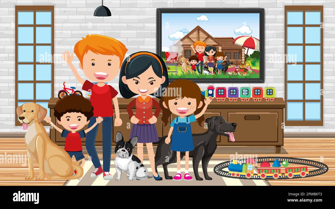 Glückliche Familie im Wohnzimmer Szene Illustration Stock Vektor