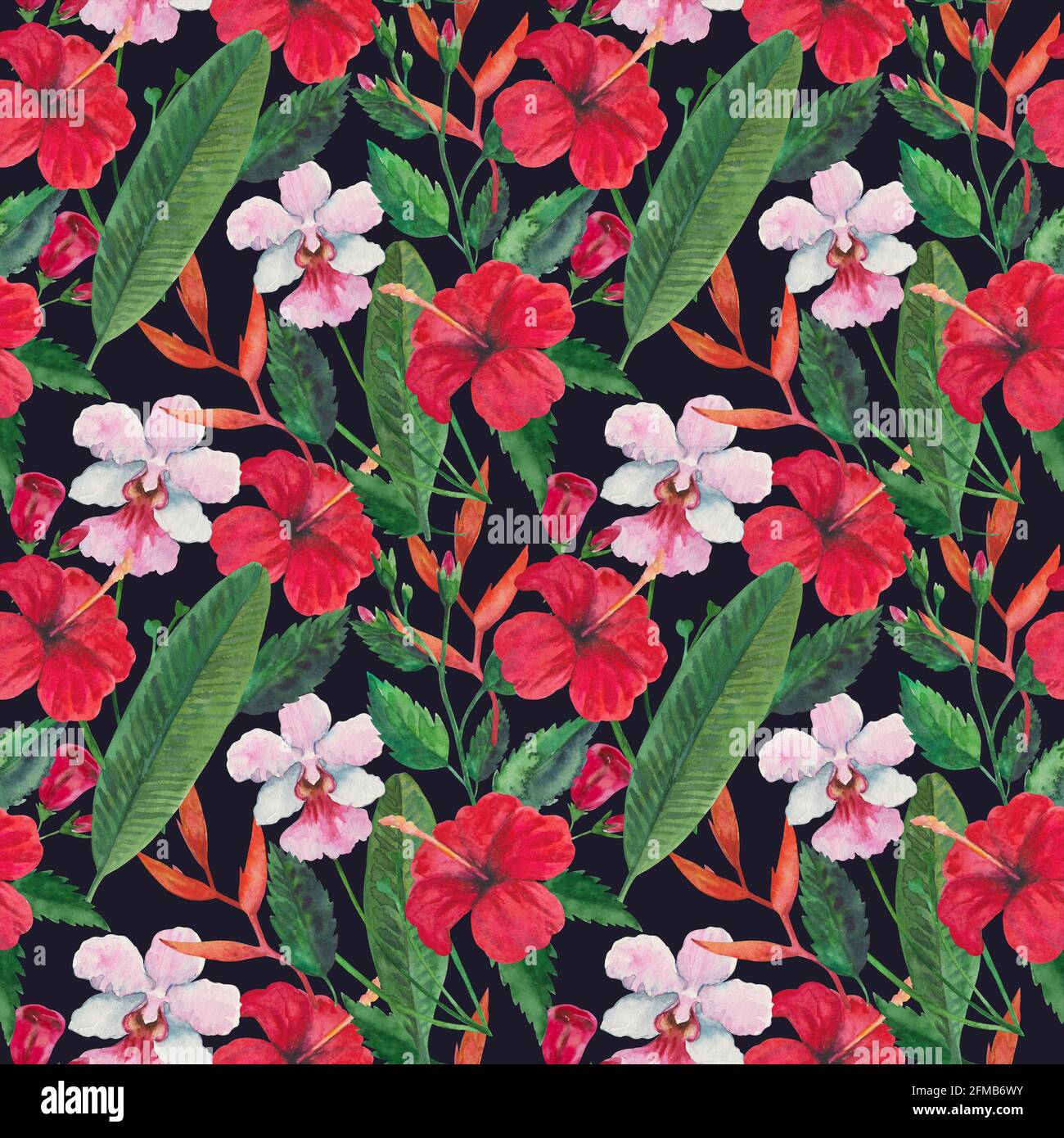 Tropisches nahtloses Muster mit roten Hibiskusblüten, Orchideen und Blättern. Aquarelldarstellung. Stockfoto