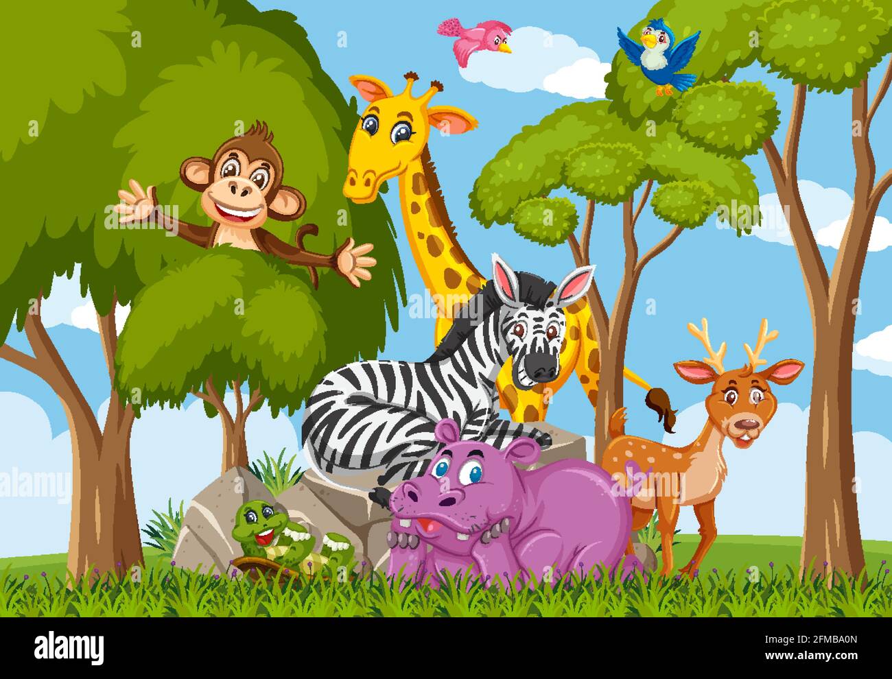Wild Tier Gruppe Cartoon-Charakter in den Wald Illustration Stock Vektor