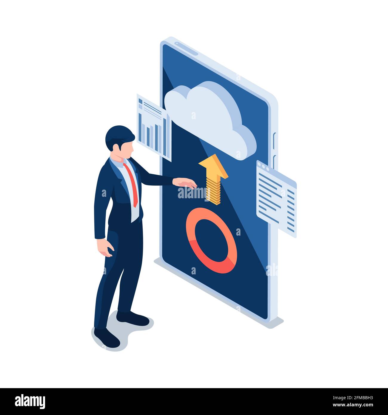 Flacher, isometrischer 3D-Geschäftsmann mit Cloud Computing auf dem Smartphone. Cloud-Computing-Technologiekonzept. Stock Vektor