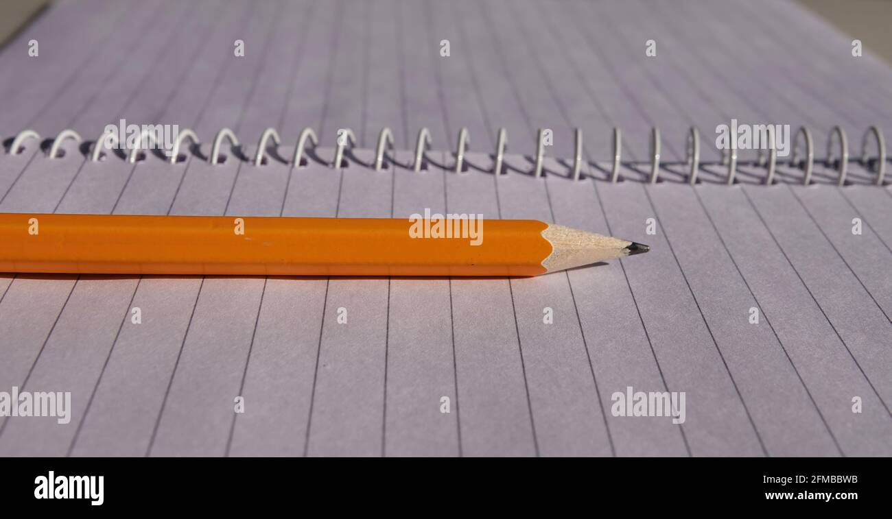 Orangefarbener Bleistift auf einem leeren offenen Notizbuch neben Die Spiralbindung Stockfoto