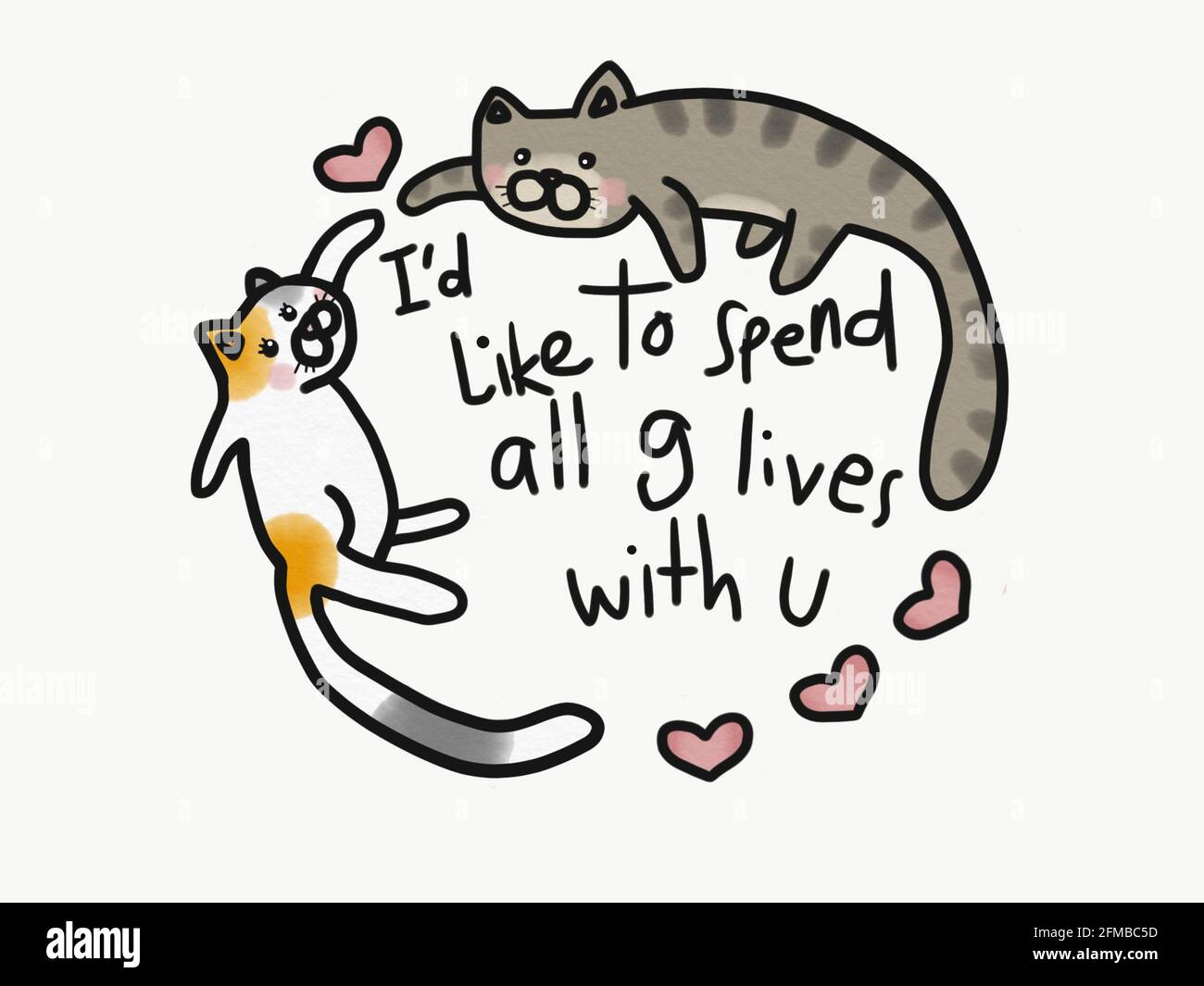 Paar Katze, Ich bin wie, alle 9 Leben mit Ihnen Linie Zeichnung Aquarell  Malerei Illustration verbringen Stockfotografie - Alamy