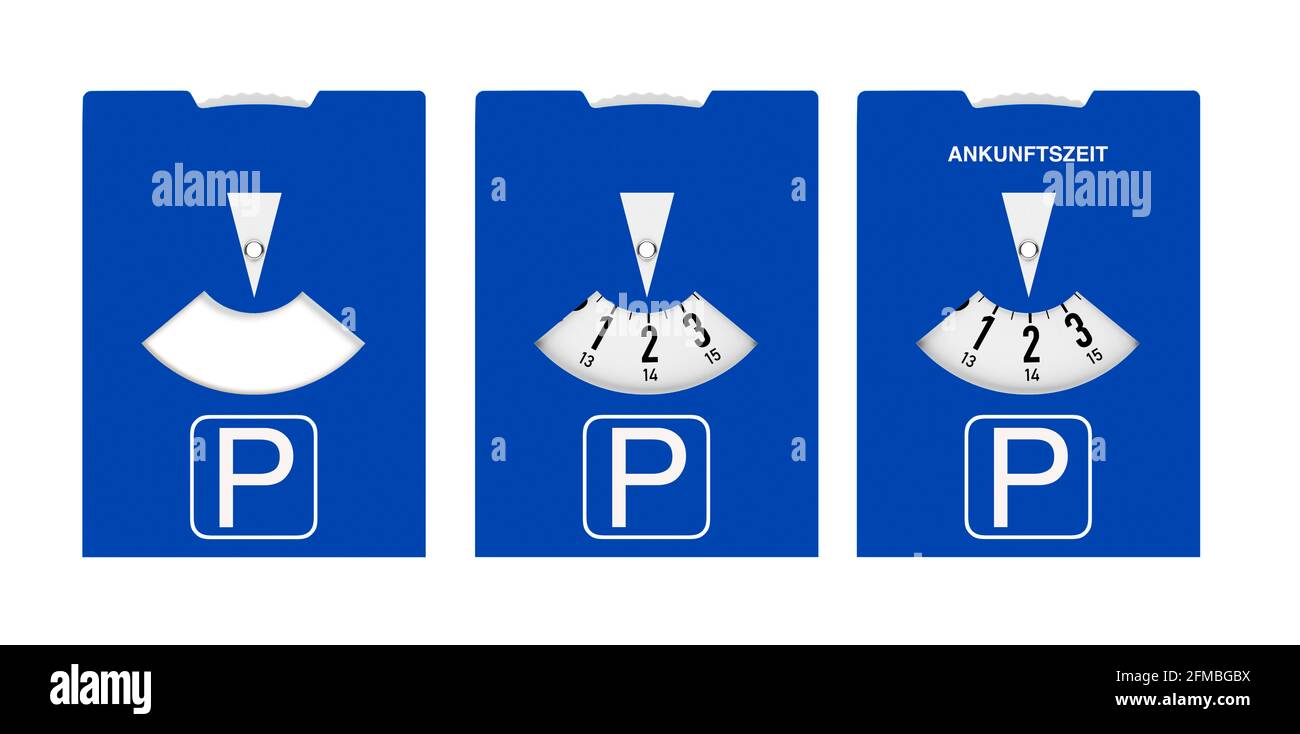 Blaue Parkscheibe mit Ankunftszeit auf weißem Hintergrund Stockfotografie -  Alamy