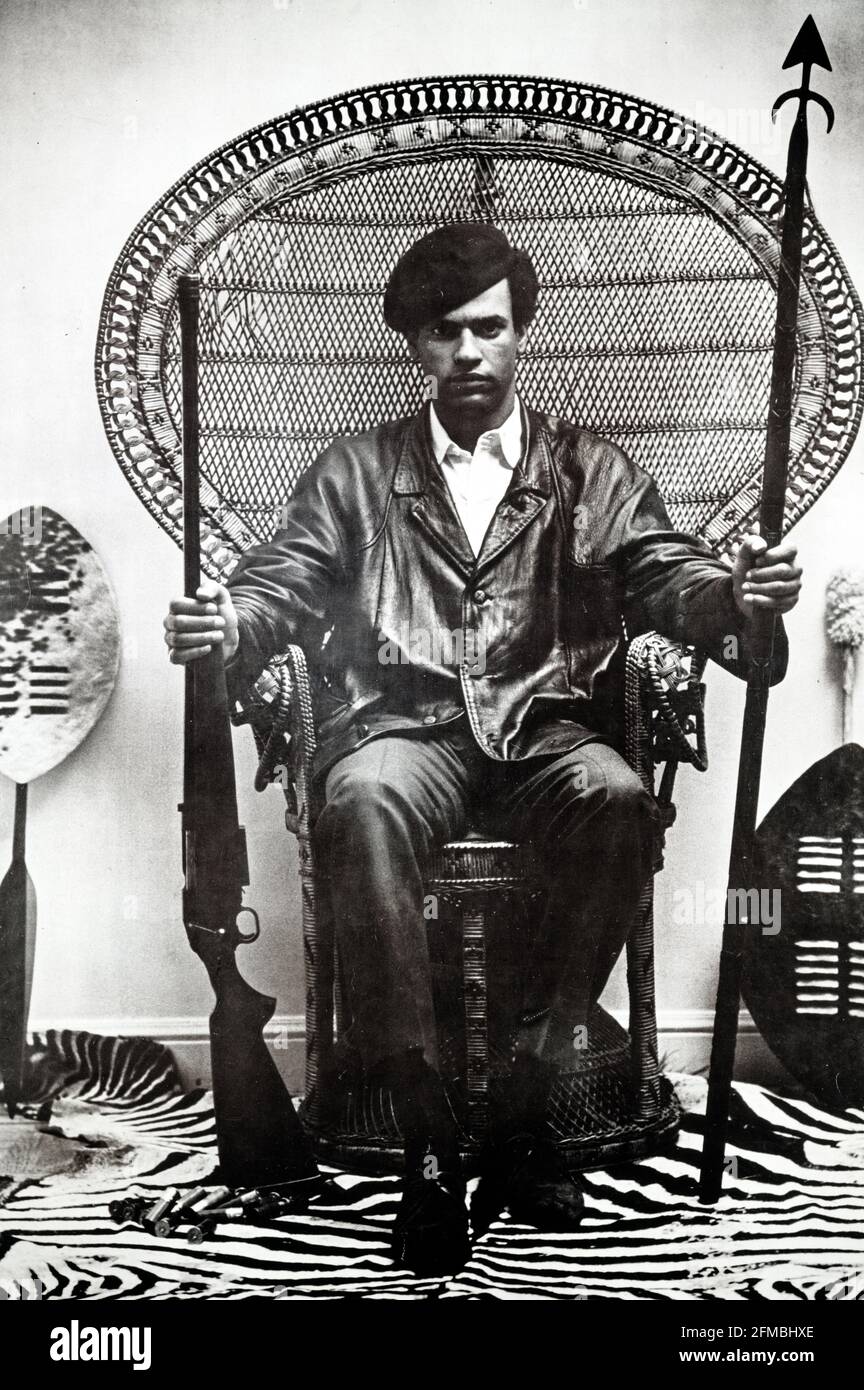 Die rassistischen Hundepolizisten müssen sich sofort aus unseren Gemeinden zurückziehen, ihren mutwilligen Mord und ihre Brutalität einstellen. Das Poster zeigt ein Porträtfoto von Blair Stapp von Huey Newton, der mit einem Gewehr und einem Speer auf einem Rattan-Thronstuhl sitzt. Namen der Mitwirkenden Black Panther Party, Sponsor/Inserent Stapp, Blair, Fotograf erstellt/veröffentlicht [zwischen 1965 und 1980] Themenüberschriften - Newton, Huey P - Afrikanische Amerikaner - Polizei--1960-1980 - Aktivisten--1960-1980 Stockfoto