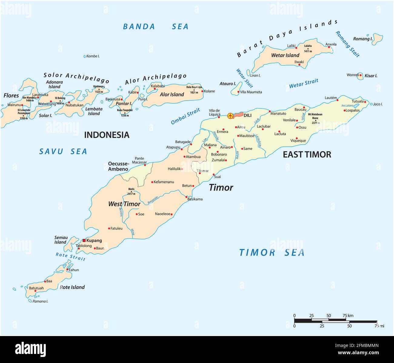 Karte der Insel Timor, Osttimor und Indonesien Stock Vektor