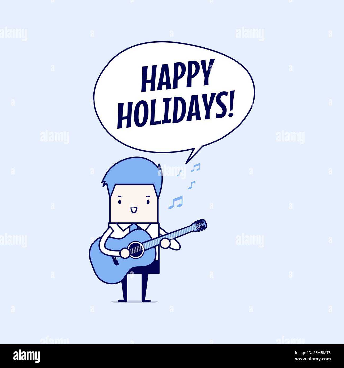 Geschäftsmann spielt Gitarre und singt Happy Holidays. Cartoon-Figur dünne Linie Stil Vektor. Stock Vektor