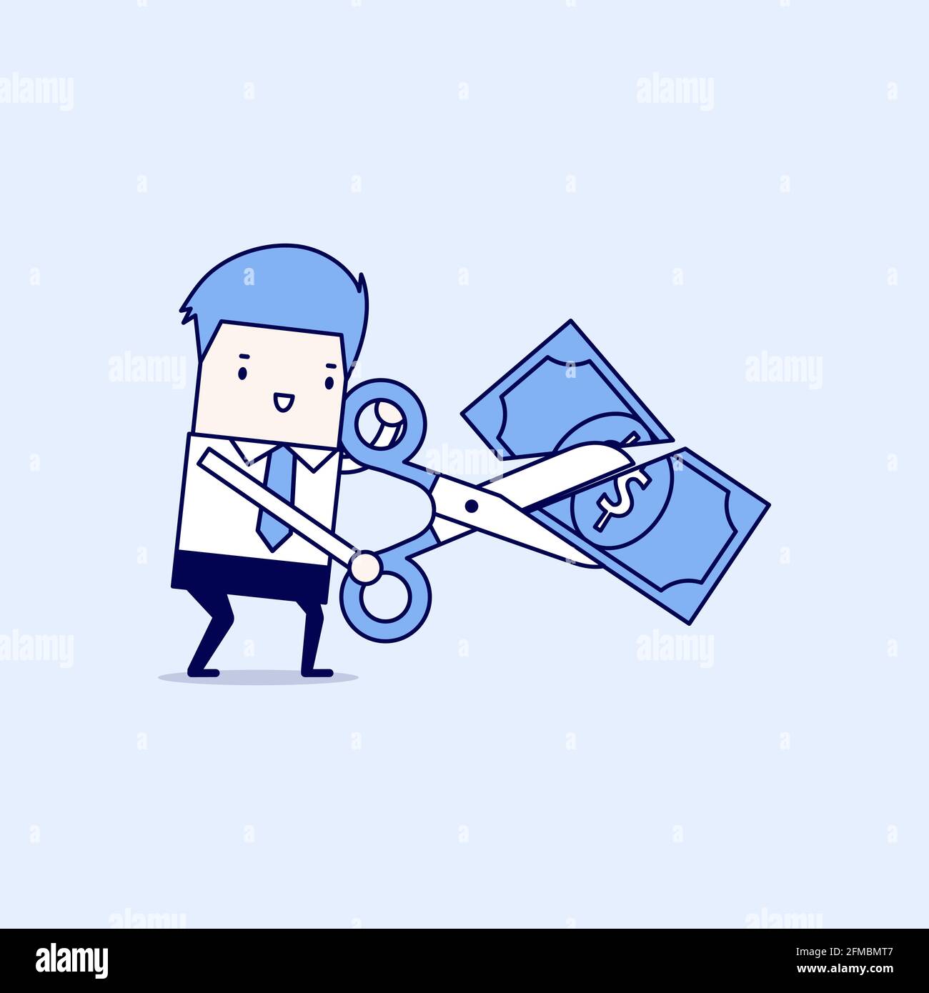 Geschäftsmann Hände halten Schere und schneiden Dollar. Cartoon-Figur dünne Linie Stil Vektor. Stock Vektor