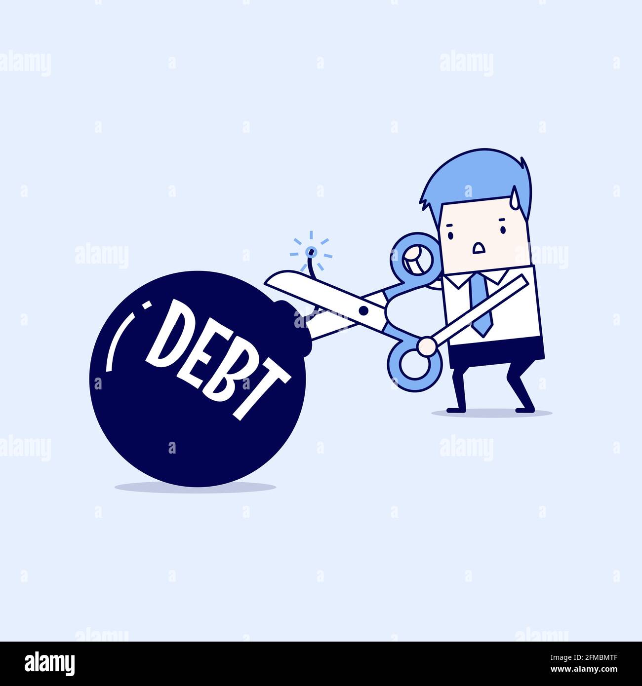 Schneiden Schuldenbombe, Geschäftsmann Hand hält Schere, um Schulden zu schneiden. Cartoon-Figur dünne Linie Stil Vektor. Stock Vektor
