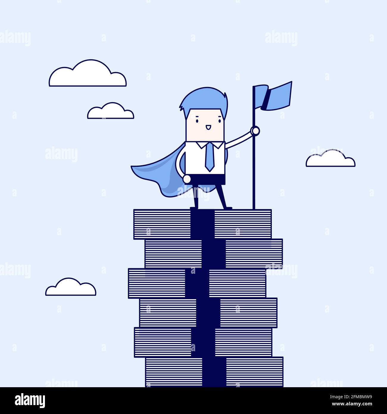 Geschäftsmann mit der Siegerfahne auf der Treppe. Cartoon-Figur dünne Linie Stil Vektor. Stock Vektor