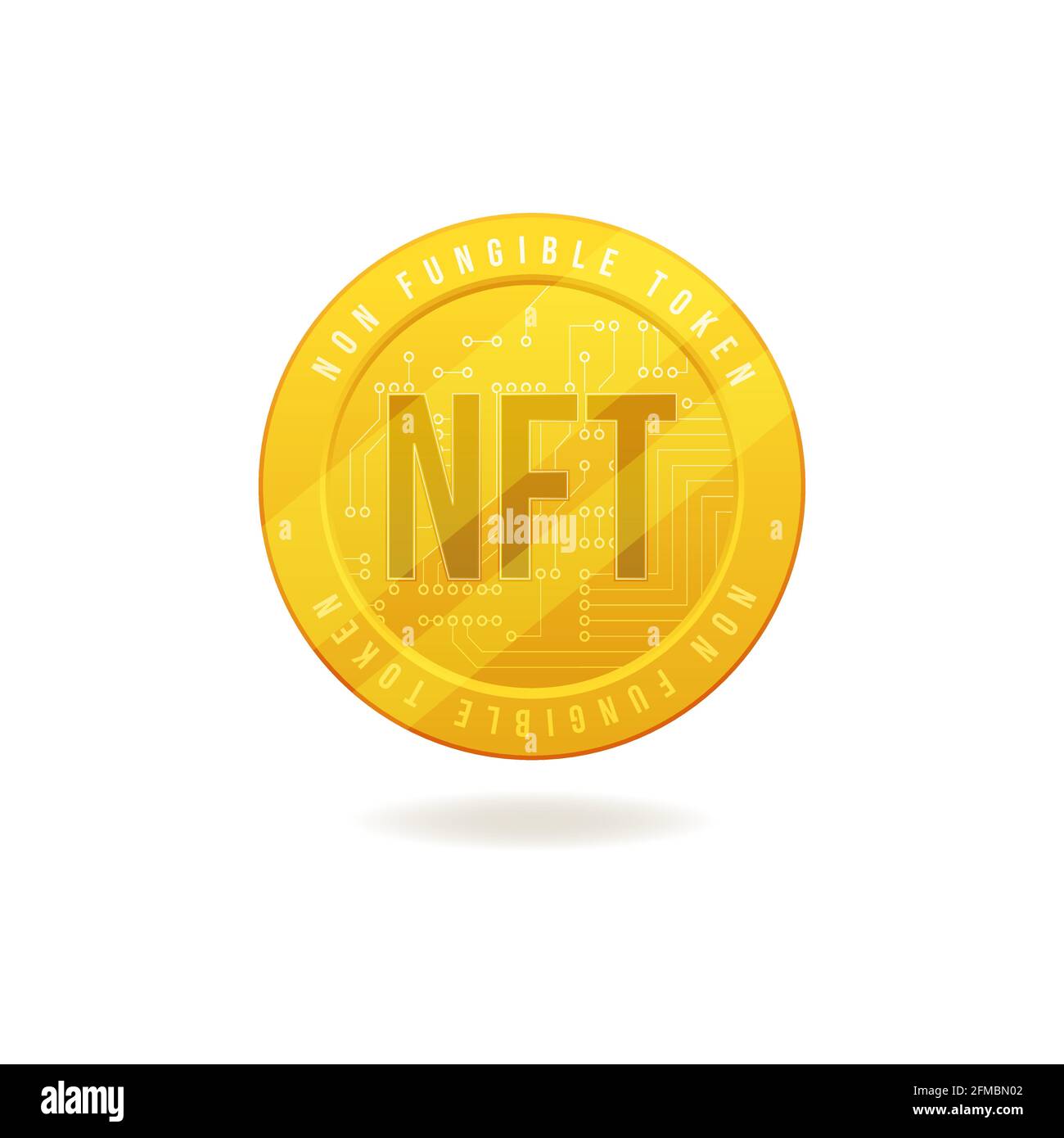 Goldmünze NFT nicht fungible Token isoliert auf weißem Hintergrund. Stock Vektor