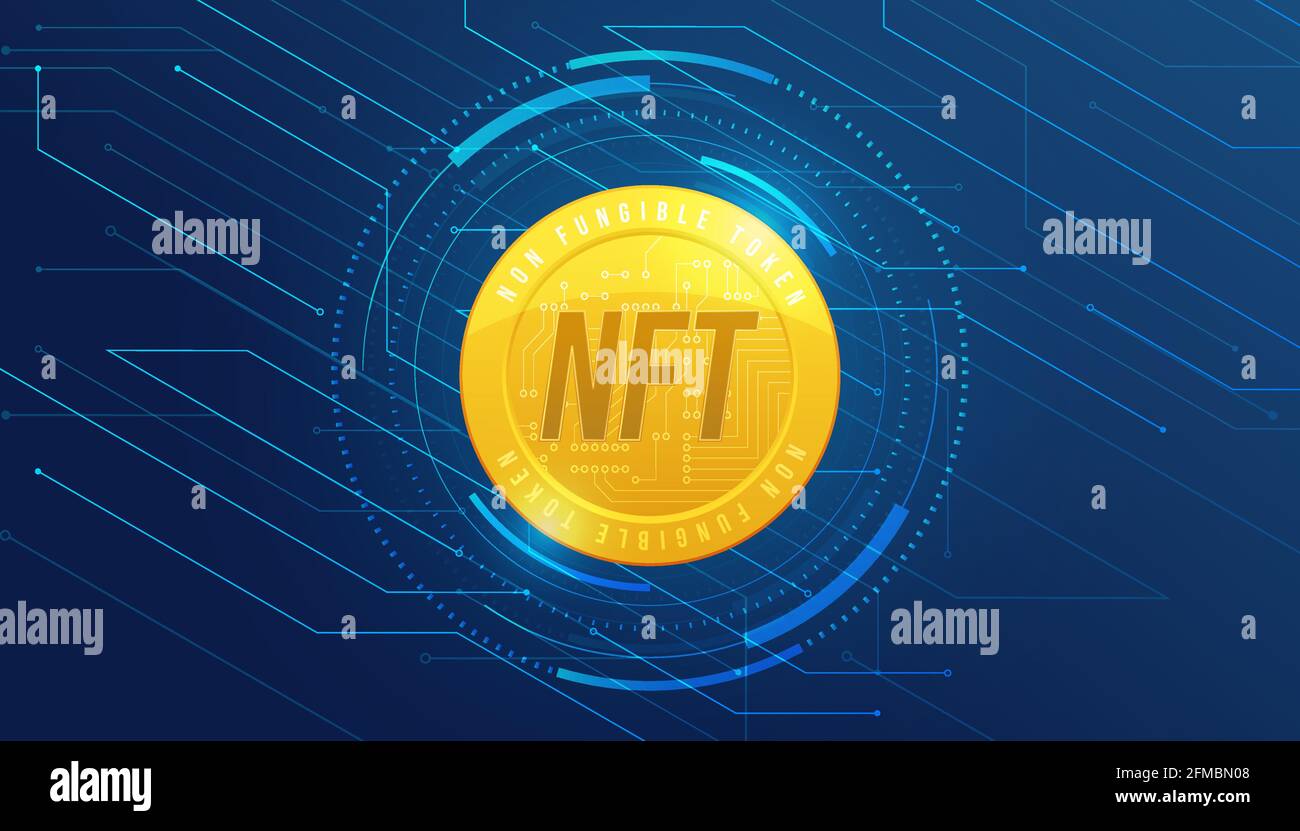 Goldmünze NFT nicht fungible Marke auf dunkelblauem Hintergrund. Zahlen Sie für einzigartige Sammlerstücke in Spielen oder Kunst. Einfache futuristische moderne geometrische Verbindung l Stock Vektor