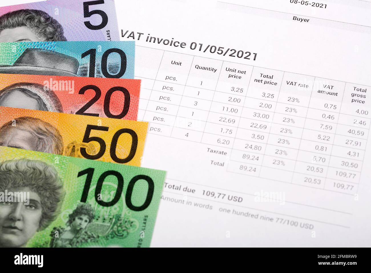 MwSt.-Rechnung mit australischem Geld Stockfoto
