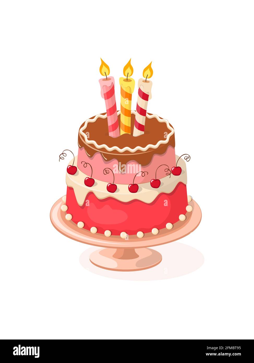Realistische isolierte bunte Kuchenlage mit Kerzen auf dem weißen Hintergrund. Vektor-Illustration für Tee-Party-Einladung oder Geburtstagskarte, süße Menü Stockfoto