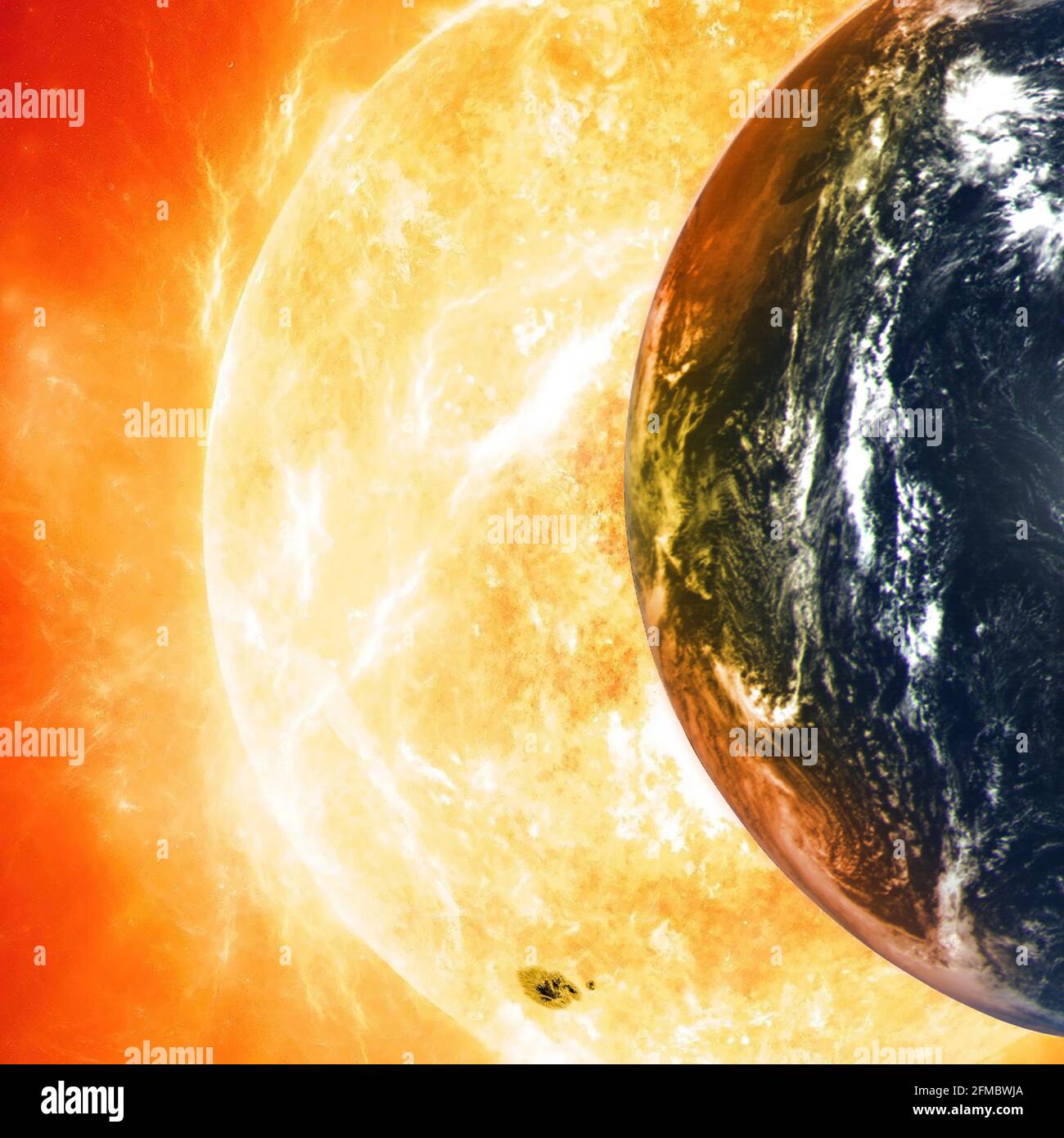 Planet Erde vor dem Hintergrund einer riesigen Sonne. Elemente dieses Bildes, die von der NASA eingerichtet wurden. Stockfoto