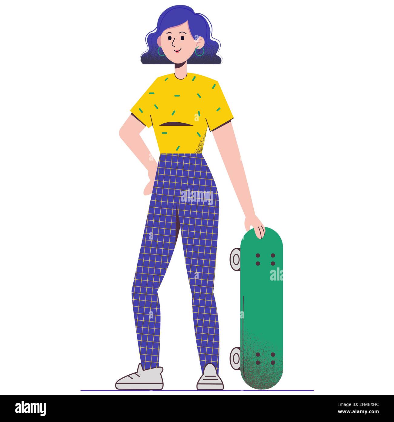 Nettes Mädchen mit einem Skateboard. Flache Vektorgrafik Stock Vektor