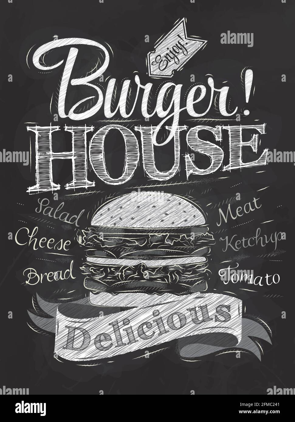 Posterbeschriftung Burger House mit einem Hamburger bemalt und Aufschriften stilisierte Zeichnung mit Kreide auf Tafel. Stock Vektor