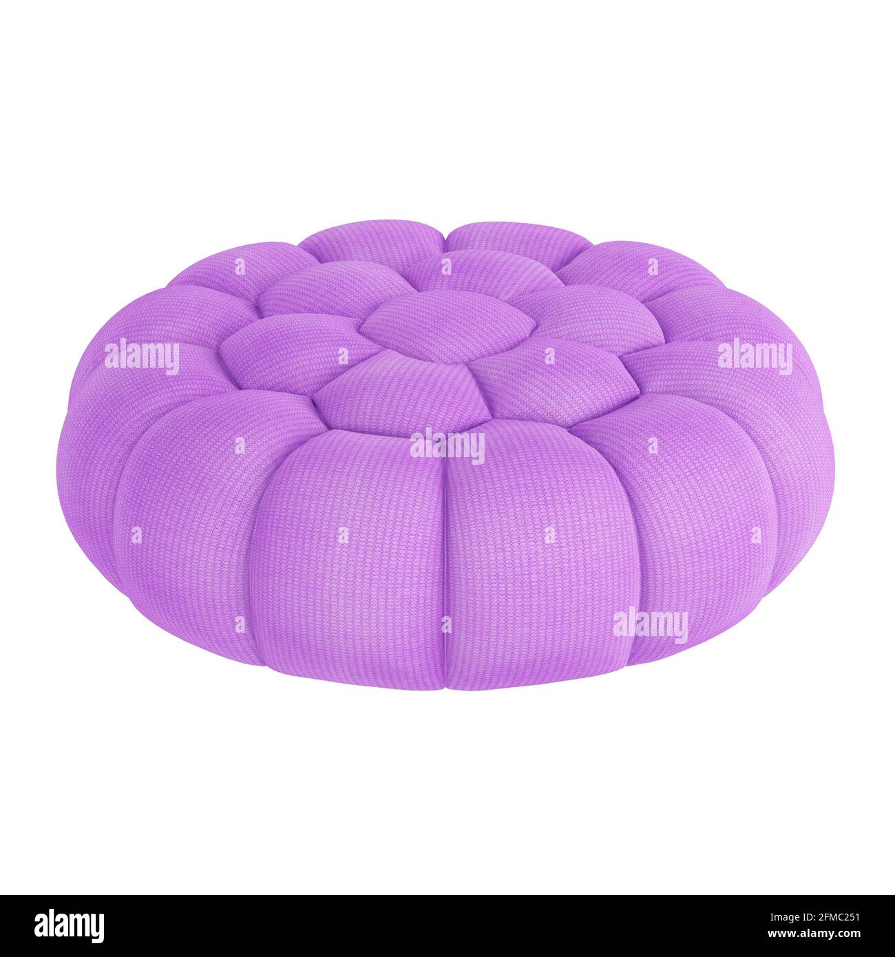 Violett rund gesteppte weiche Poof auf weißem Hintergrund. 3d-Rendering Stockfoto