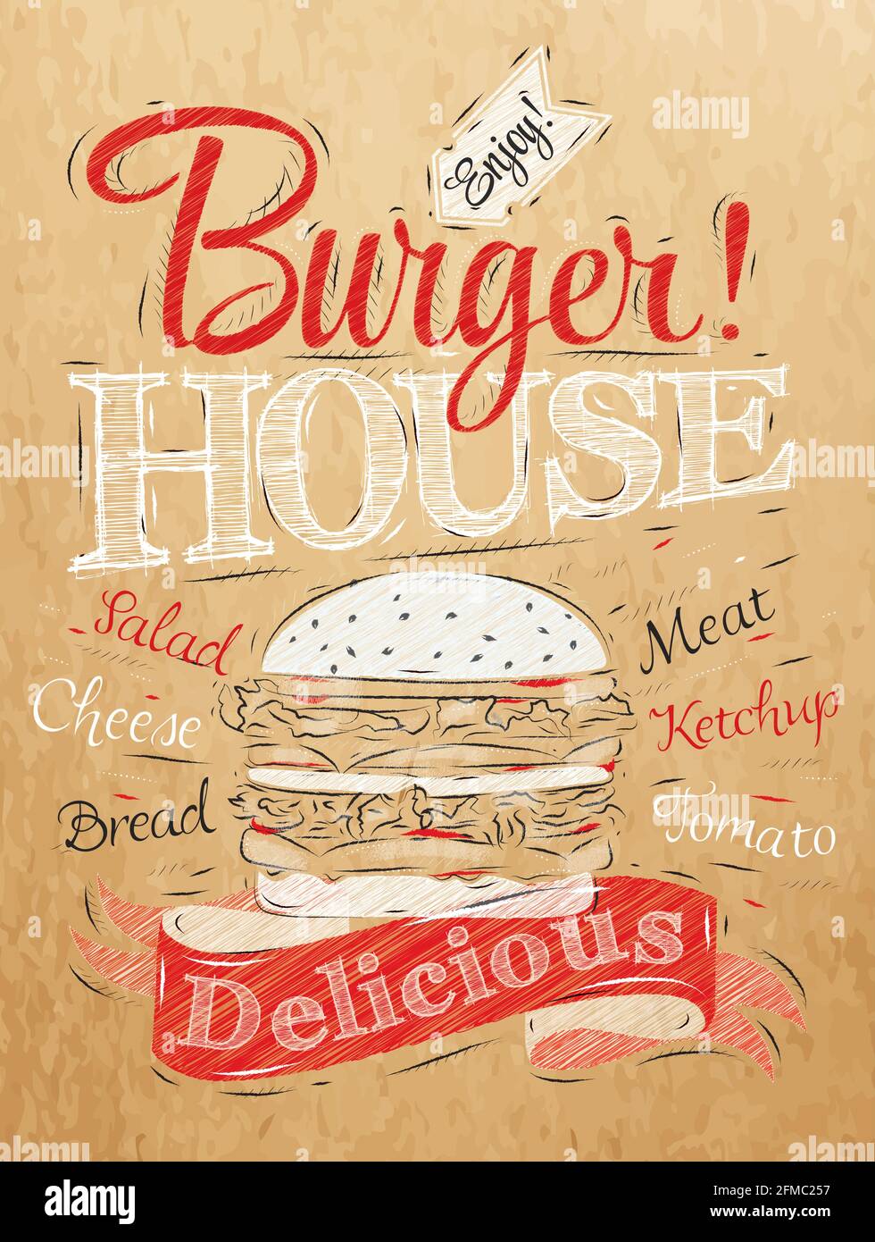Posterbeschriftung Burger House mit einem Hamburger bemalt und Aufschriften stilisierte Zeichnung auf Kraftpapier aus rot, weiß, schwarz. Stock Vektor