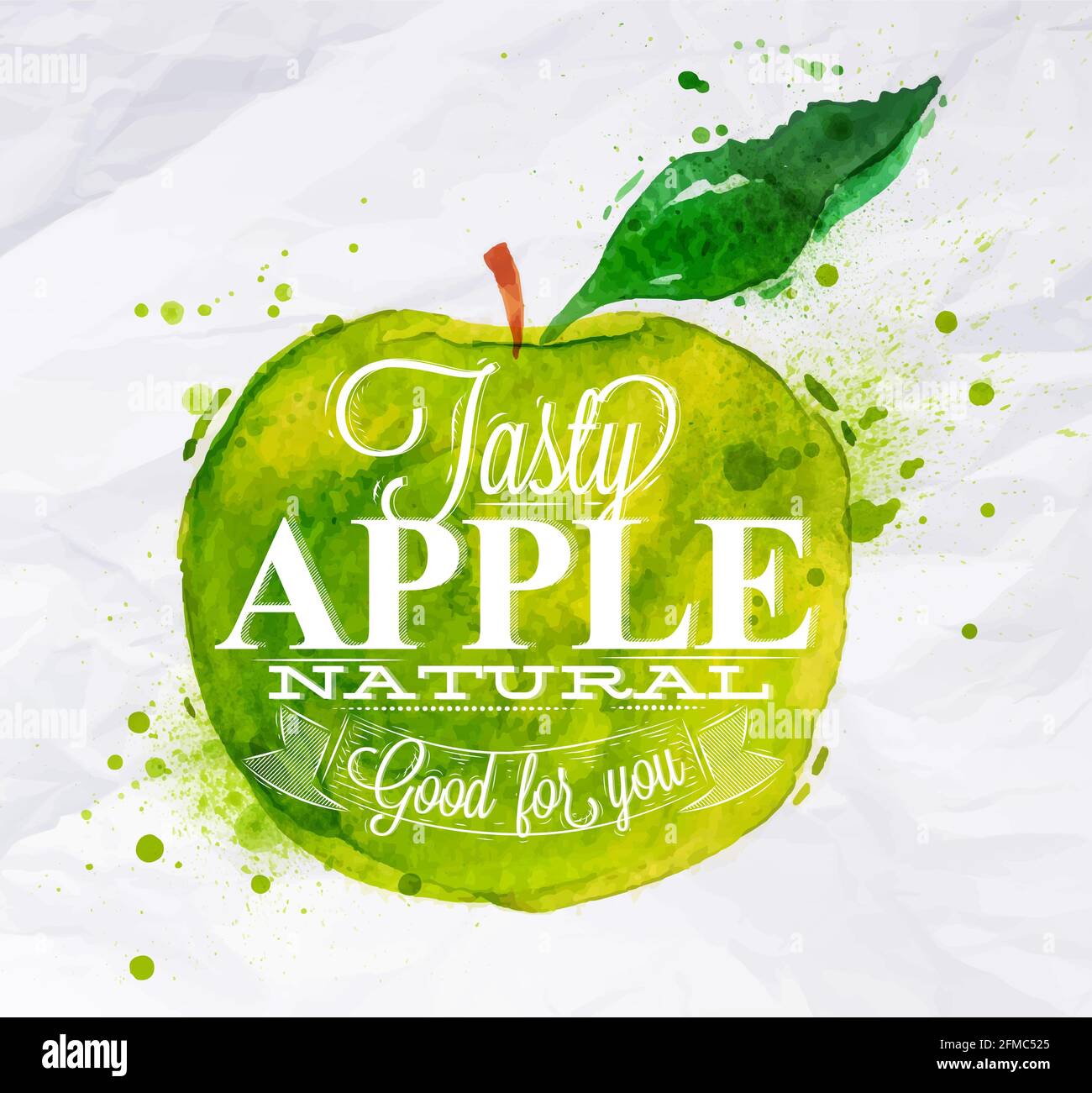 Poster mit grünem Aquarell Apfel Schriftzug lecker Apfel natürlich gut Für Sie Stock Vektor