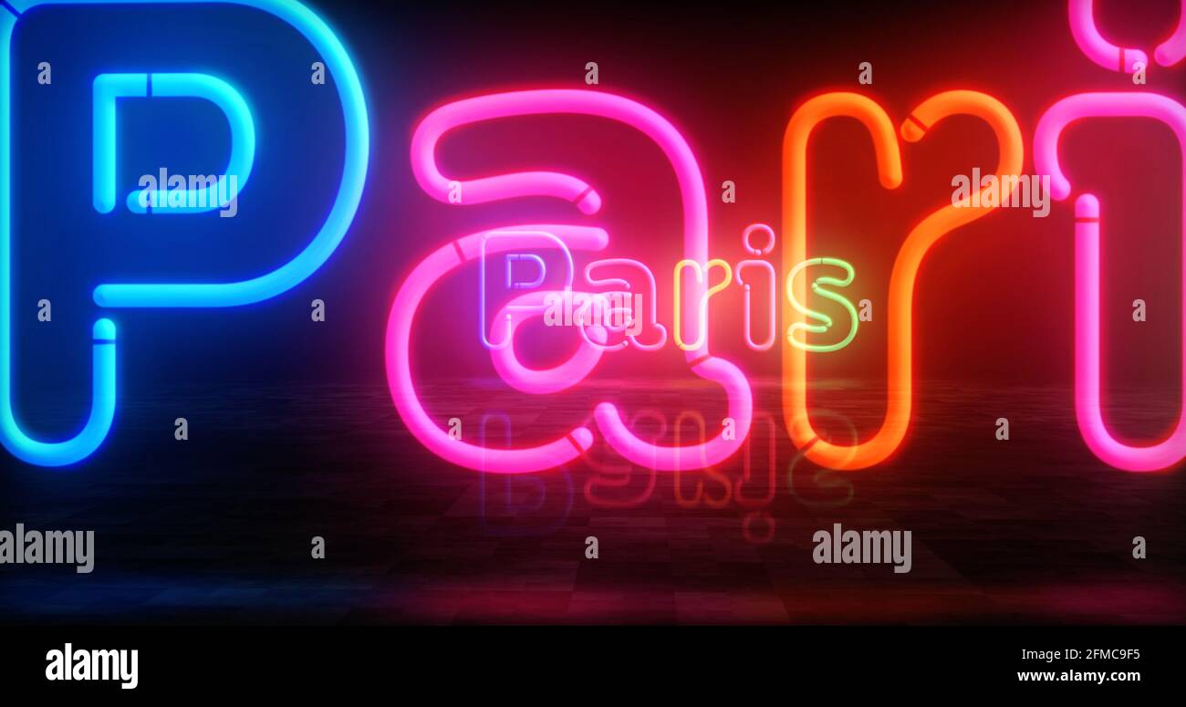 Paris Symbol Neon Symbol. Glühbirnen in hellen Farben mit romantischem Schild. Abstraktes Konzept 3d-Illustration. Stockfoto