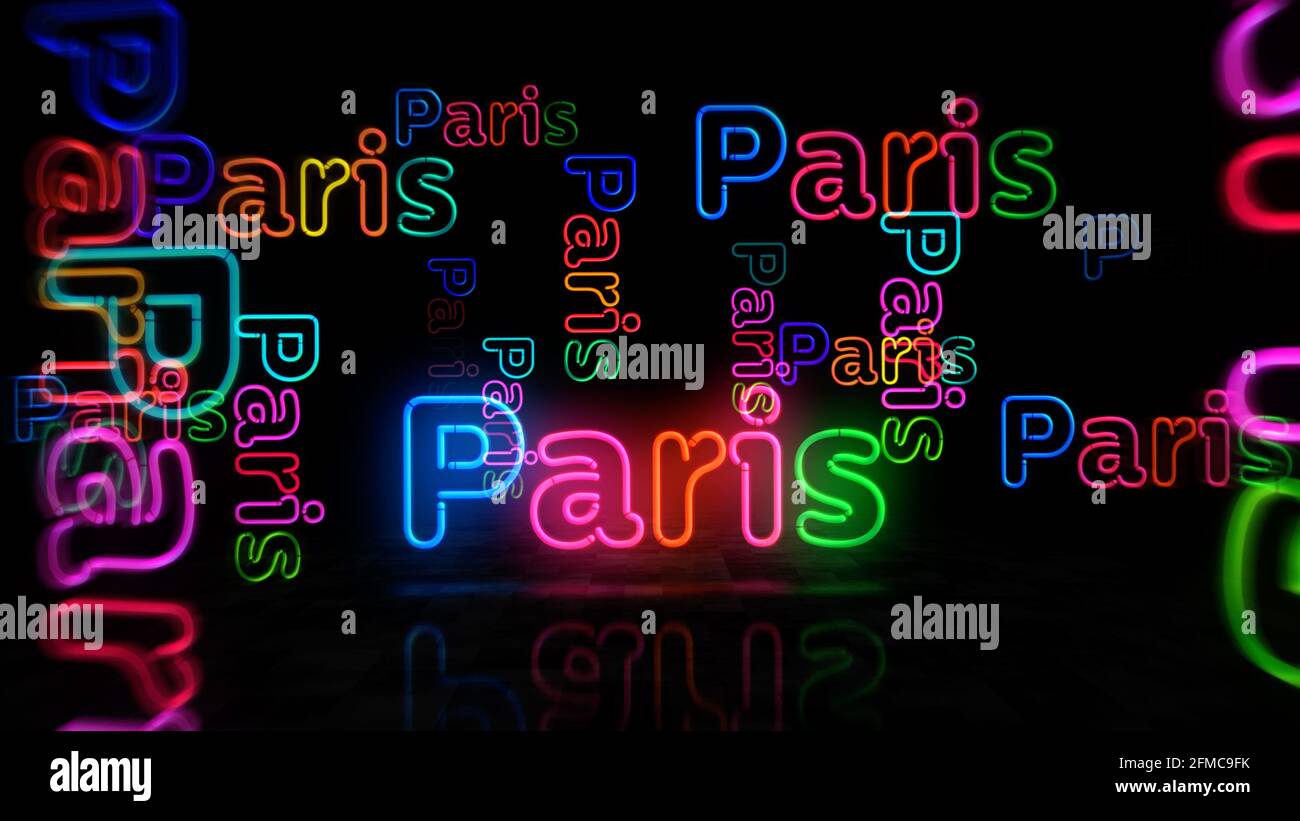 Paris Symbol Neon Symbol. Glühbirnen in hellen Farben mit romantischem Schild. Abstraktes Konzept 3d-Illustration. Stockfoto