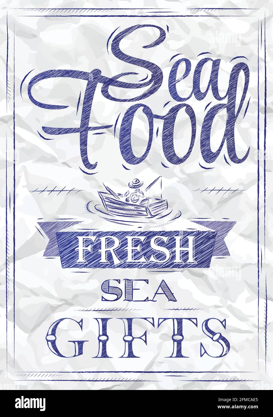 Poster Sea Food Fresh Sea Geschenke im Retro-Stil stilisierte Zeichnung eines blauen Kugelschreibers auf einem zerknitterten Papier. Stock Vektor