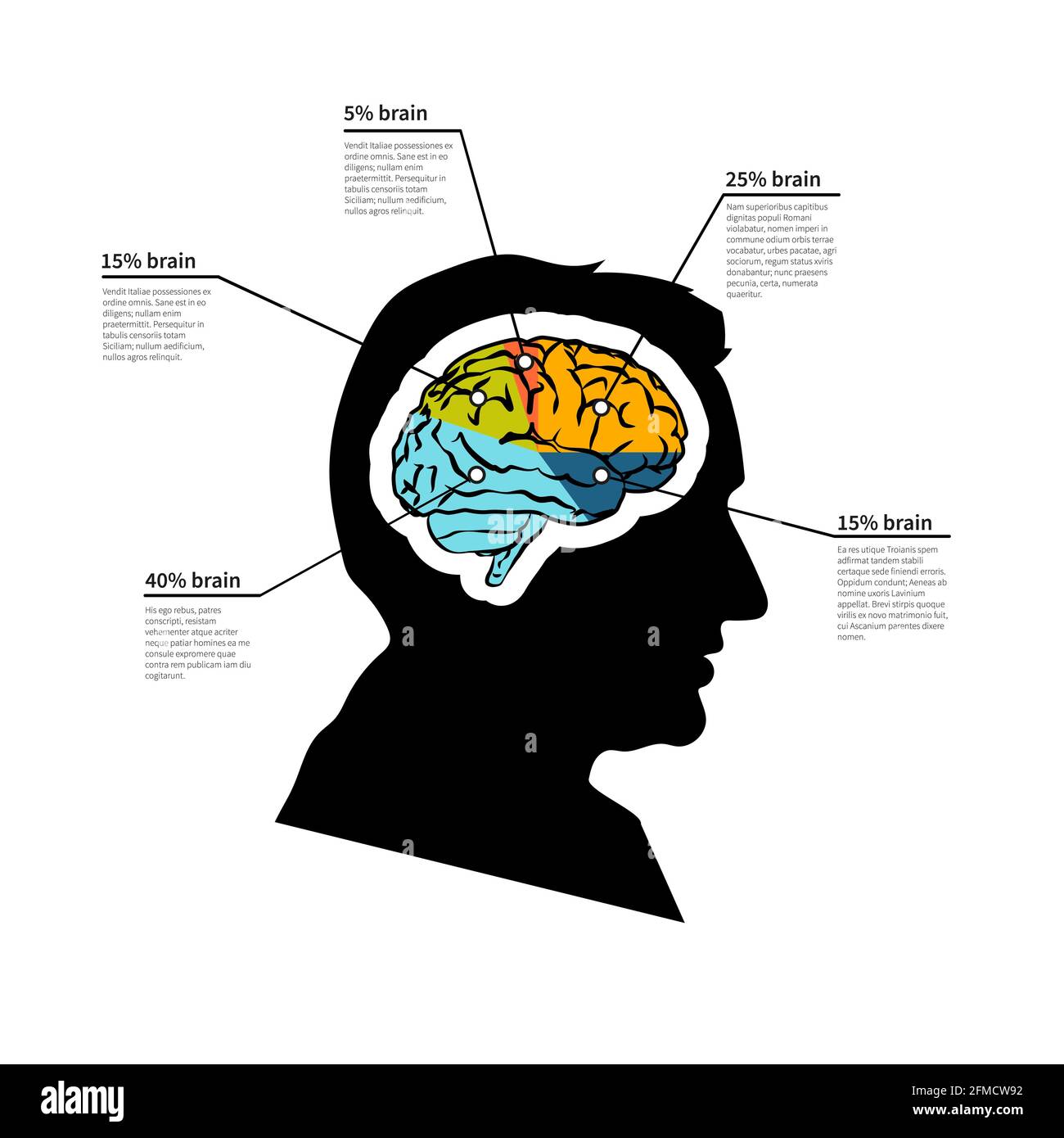 Mann Gehirn Potenzial, hell detaillierte Infografik mit Text auf weiß Stock Vektor