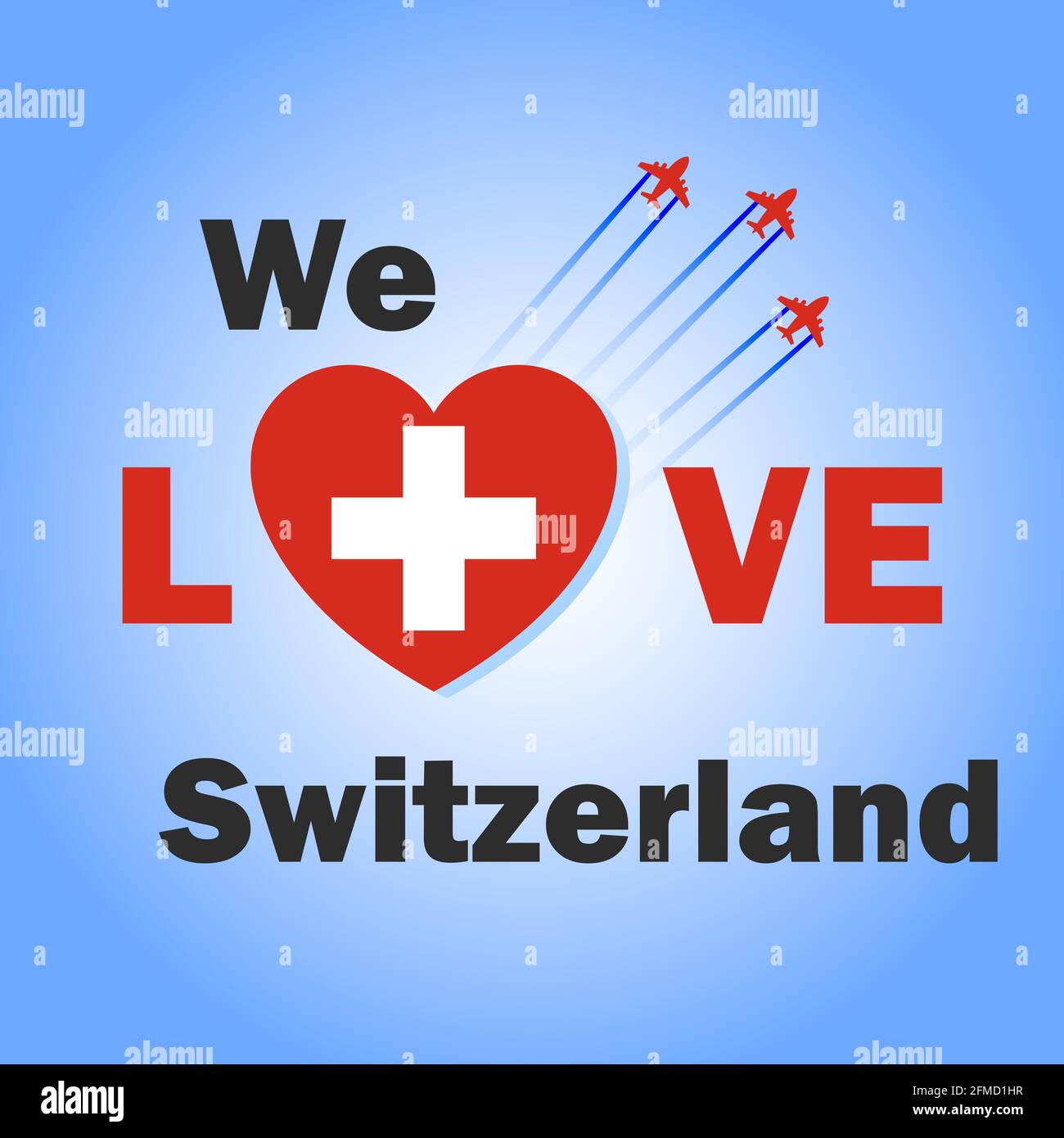 Wir lieben das Schweizer Banner mit herzförmiger Schweizer Flagge. Patriotisches Plakat mit Kampfjet am Himmel. Stock Vektor