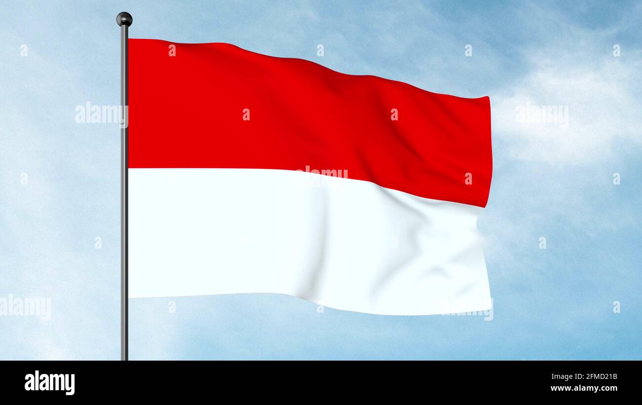Die 3D-Darstellung der Flagge Indonesiens ist eine einfache Bicolor mit zwei gleichen horizontalen Bändern, rot und weiß mit einem Gesamtverhältnis von 2:3. Stockfoto