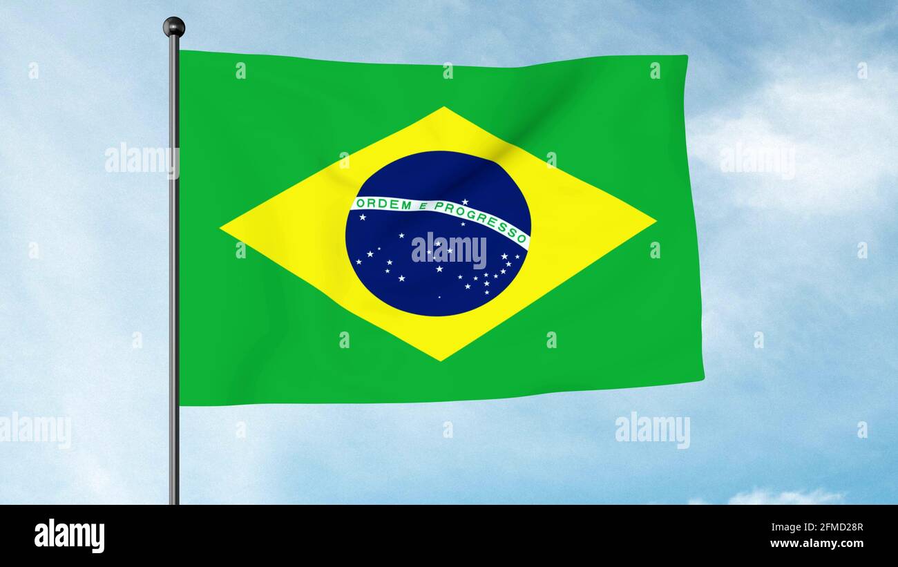 3D Illustration der Flagge Brasiliens, Verde e amarela, Auriverde, ist eine blaue Scheibe, die einen Sternenhimmel darstellt, der mit dem nationalen Motto 'Ordem e PR Stockfoto