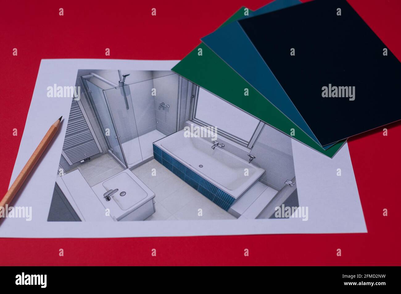 Blick auf den Entwurf des Badezimmers mit Badewanne und Dusche. Es gibt verschiedene Farbmuster auf dem Plan Stockfoto