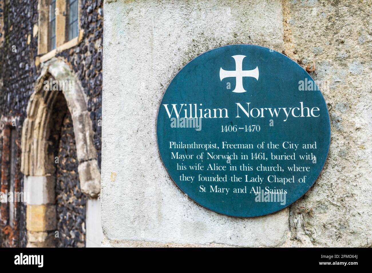 William Norwyche 1406-1470 - Philanthropin und Bürgermeister von Norwich - Plakette St. Georges Church in Muspole Street, Norwich UK Stockfoto