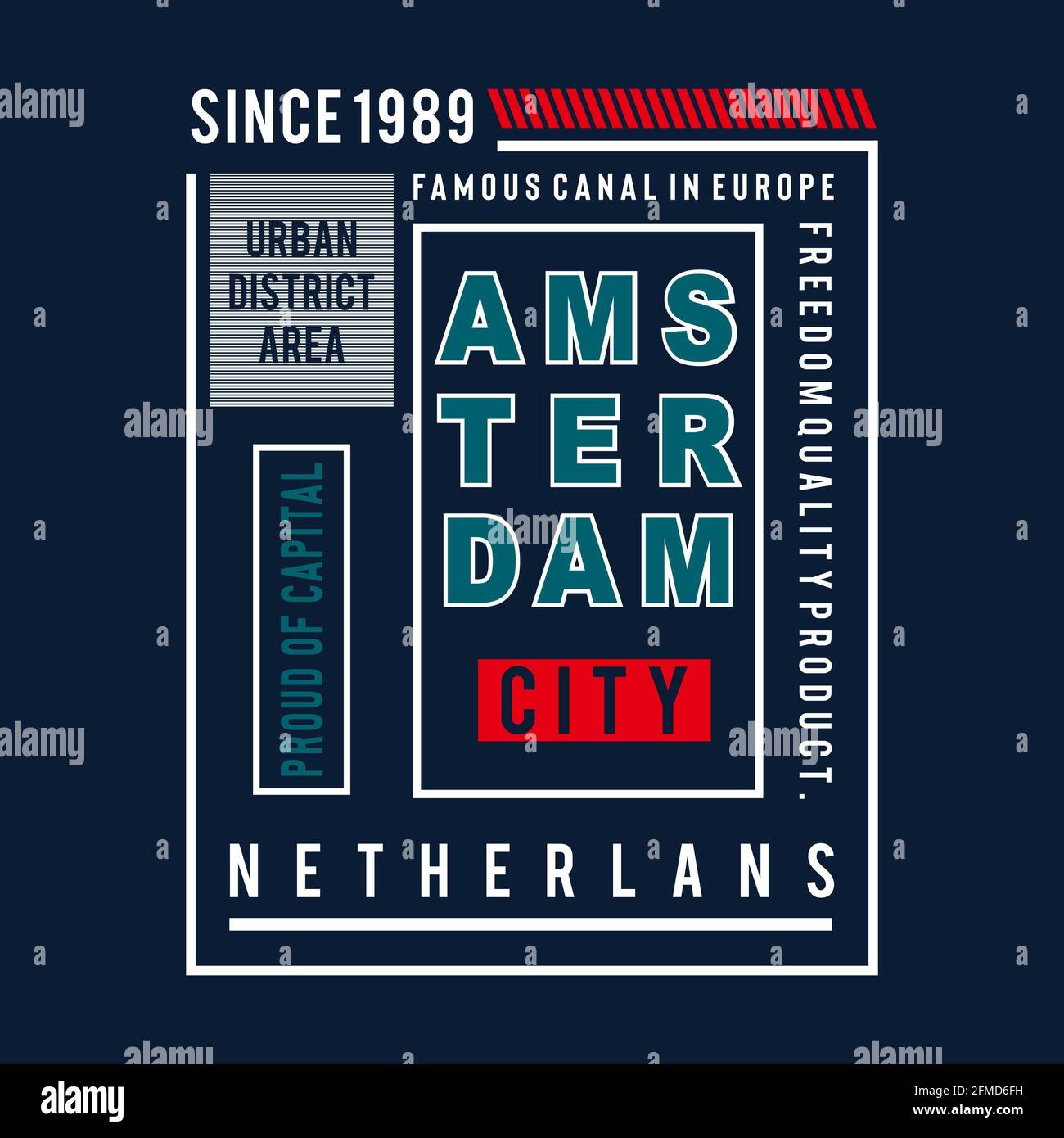 Amsterdam City Typografie im modernen urbanen Stil, inspiriert von Streetwear und Reisedesign. Stockfoto