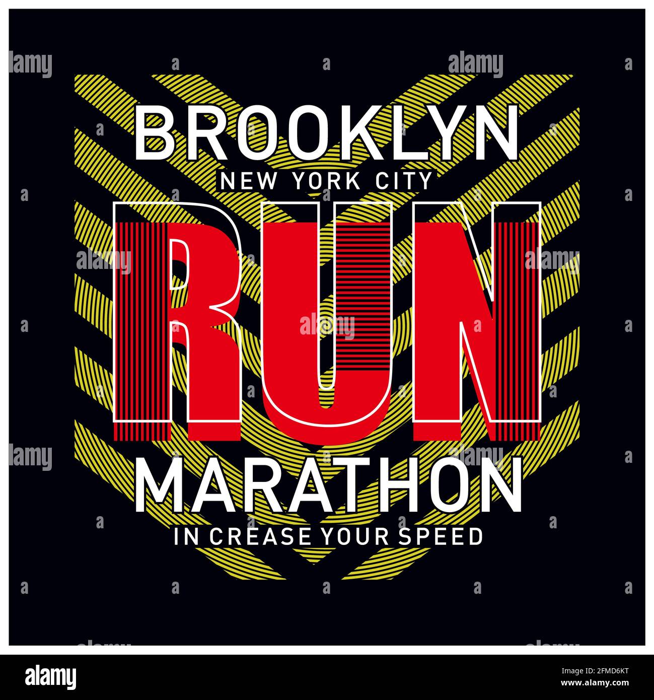 Auffälliges Typografie-Design mit Text „Brooklyn Run Marathon“, inspiriert von Streetwear und Sportkultur. Stockfoto