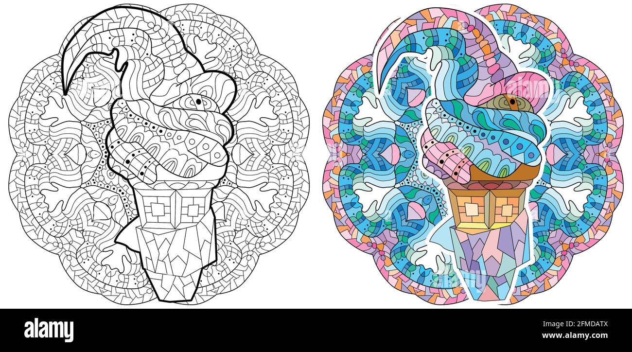 Florale, verzierte, dekorative, süße Dessertkomposition. Schwarz-weißer Hintergrund. Zentagle Bild Buchseite. Eis mit Mandala. Stock Vektor