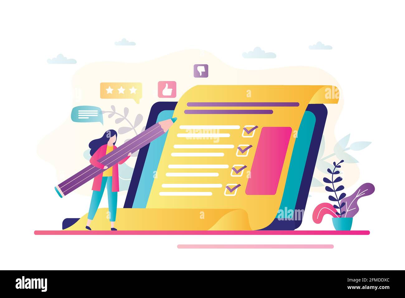 Banner für das Konzept der Online-Umfrage. Schönheit weiblich verwenden großen Bleistift für die Beantwortung. Fragebogen auf dem Laptop-Bildschirm. Technologie Internet Internet Quiz oder Umfrage. Stock Vektor