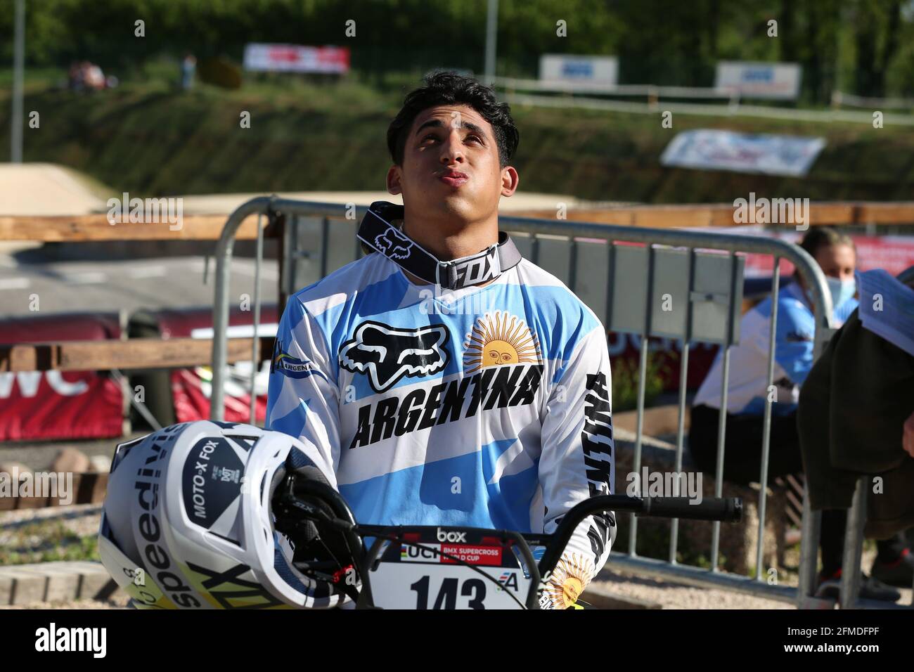 Verona, Italien. Mai 2021. Nicolas Torres aus Argentinien wurde am 8. Mai 2021 in Verona, Italien, Dritter in der Elite-Runde 1 der UCI BMX Supercross Weltmeisterschaft in der BMX Olympic Arena. Quelle: Mickael Chavet/Alamy Live News Stockfoto