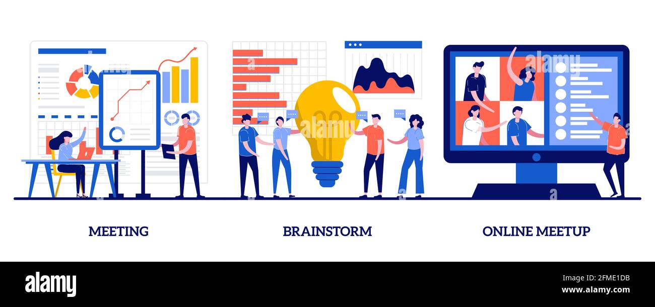 Meeting, Brainstorming und Online-Meetup-Konzept mit winzigen Menschen. Vektorgrafik für Teamkommunikation. Unternehmenspräsentation, kreative Ideen und Stockfoto