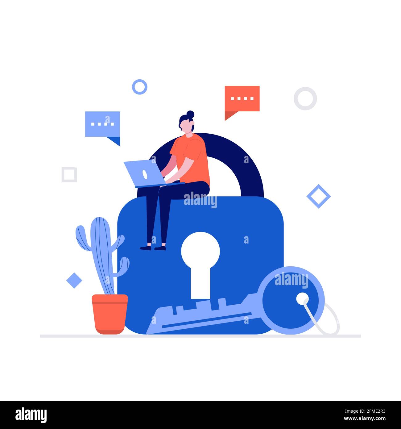 Cyber Security Vektor Illustration Konzept mit Zeichen. Datensicherheit, geschützte Zugriffskontrolle, Datenschutz. Moderner flacher Stil für La Stock Vektor
