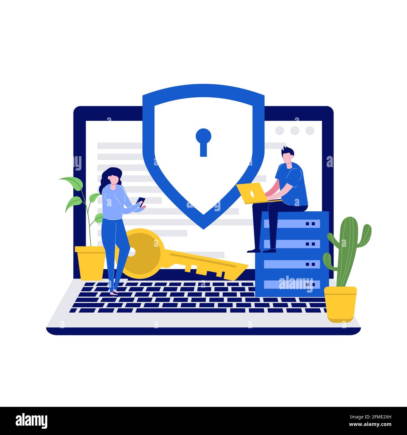 Cyber Security Vektor Illustration Konzept mit Zeichen. Datensicherheit, geschützte Zugriffskontrolle, Datenschutz. Moderner flacher Stil für La Stock Vektor
