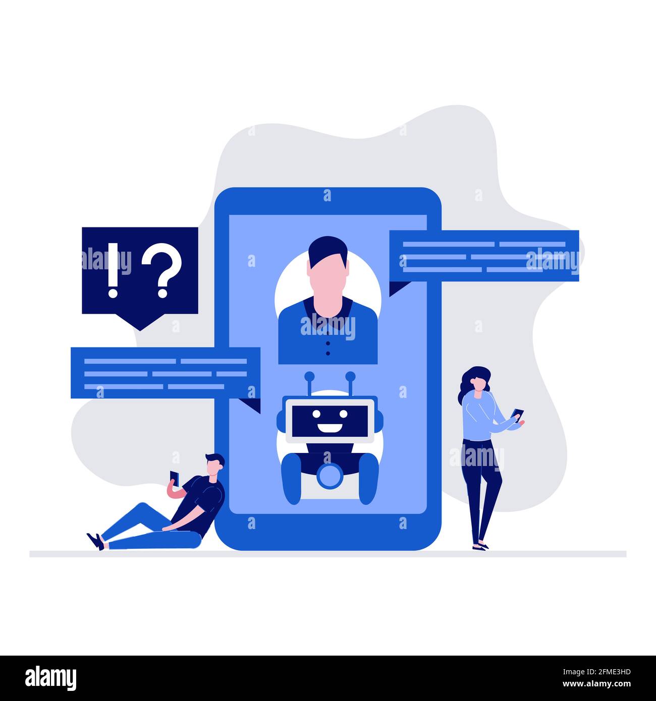 AI Chatbot Support und FAQ Vektor Illustration Konzept mit Zeichen. Kunden chatten mit bot auf dem Smartphone, stellen Fragen und erhalten Anw Stock Vektor