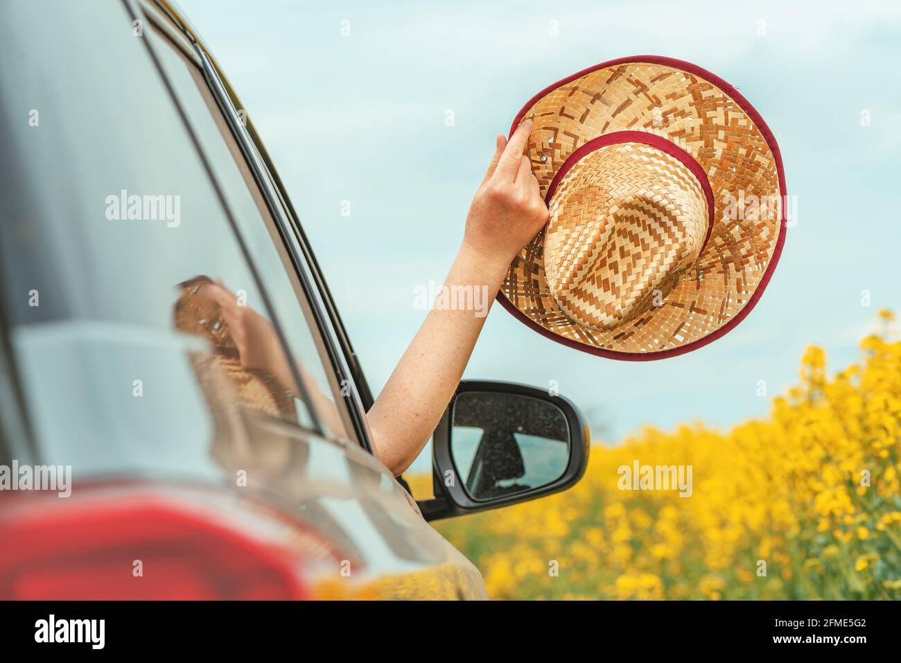 Frau, die in der blühenden Sommerlandschaft Autofahren genießt, Hand mit Strohhut, der aus dem Fenster reicht, selektiver Fokus Stockfoto