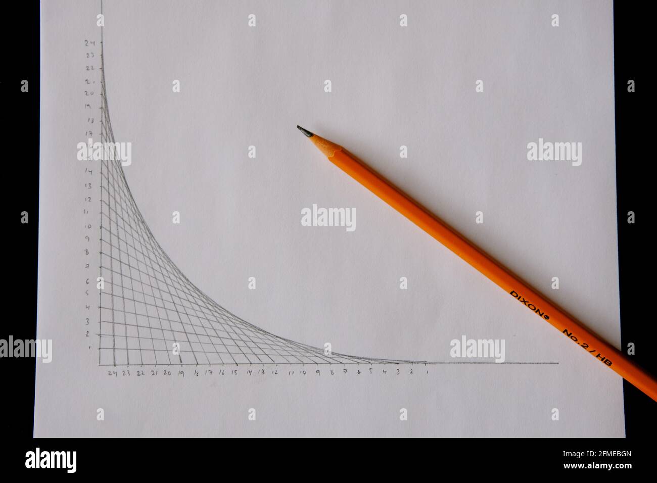 Eine parabolische Kurve mit geraden Linien auf einem Stück weißem Papier mit einem Bleistift darauf. Home School-Projekt. Stockfoto