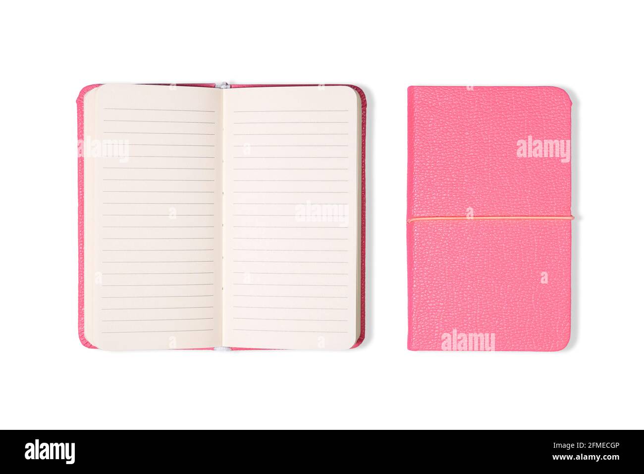 Draufsicht auf rosa Büronotizbuch und offen und geschlossen isoliert auf weißem Hintergrund für Mockup. Stockfoto