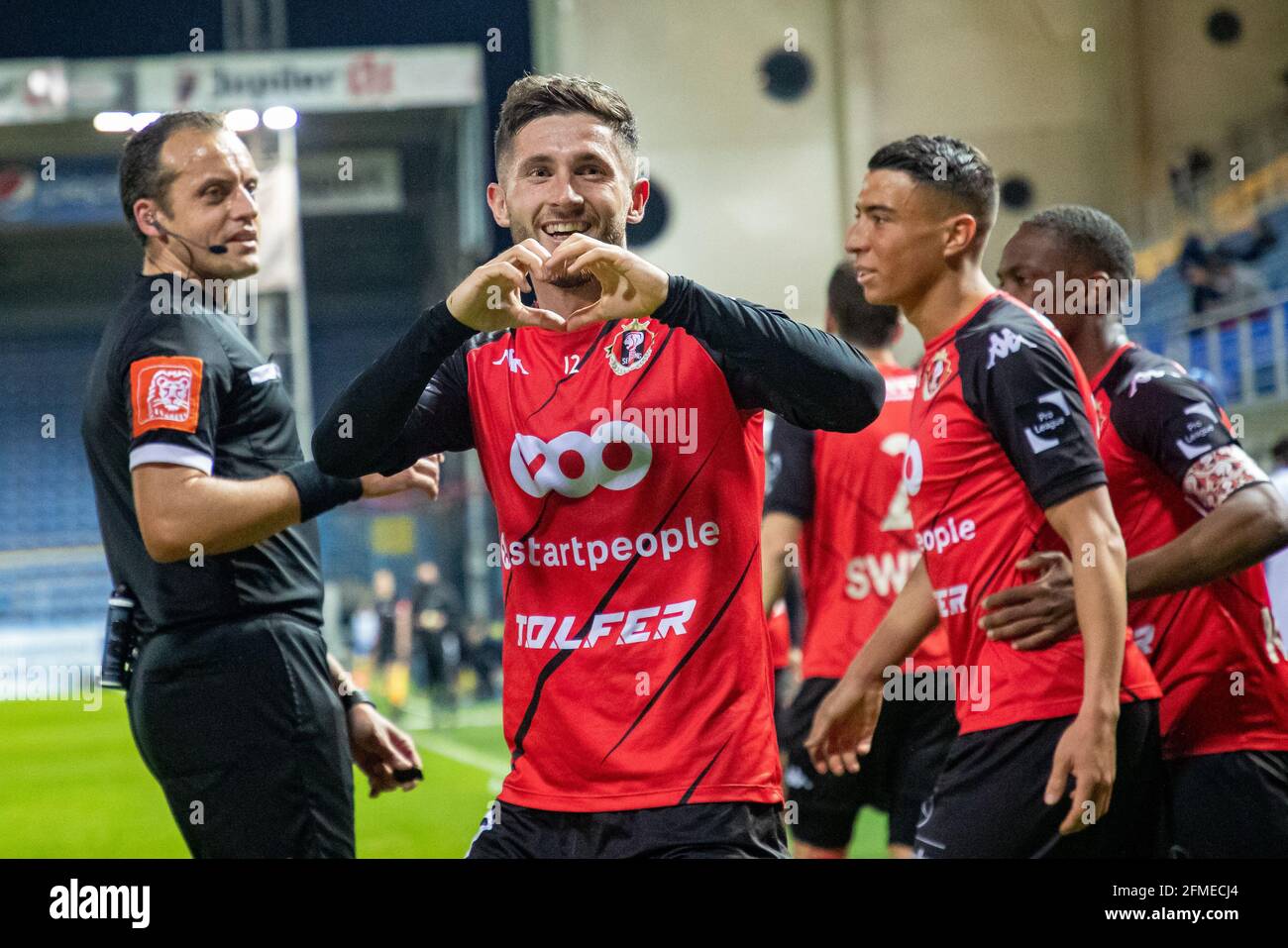 Antoine Bernier von Seraing feiert nach dem Tor auf der Rückrunde Der Play-off-Spiele zwischen dem 1A-Team Waasland-Beveren und dem 1B-Team RFC Sera Stockfoto