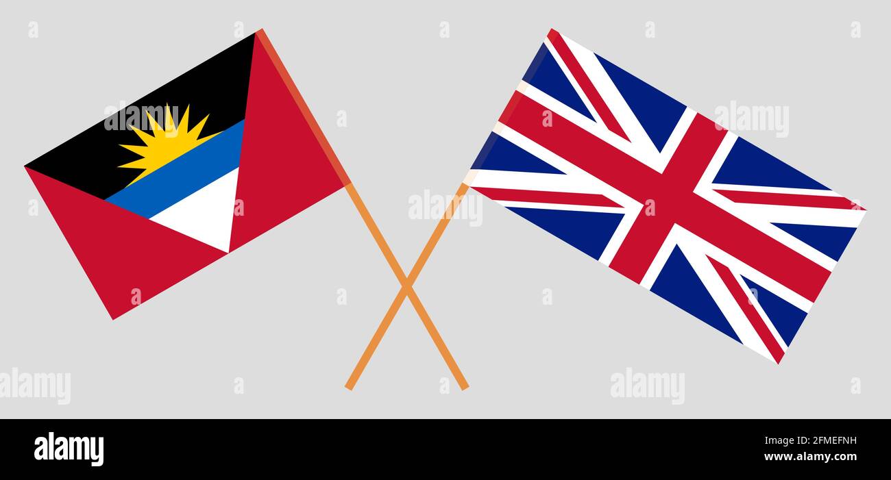 Gekreuzte Flaggen von Großbritannien und Antigua und Barbuda. Offizielle Farben. Korrektes Verhältnis. Vektorgrafik Stock Vektor