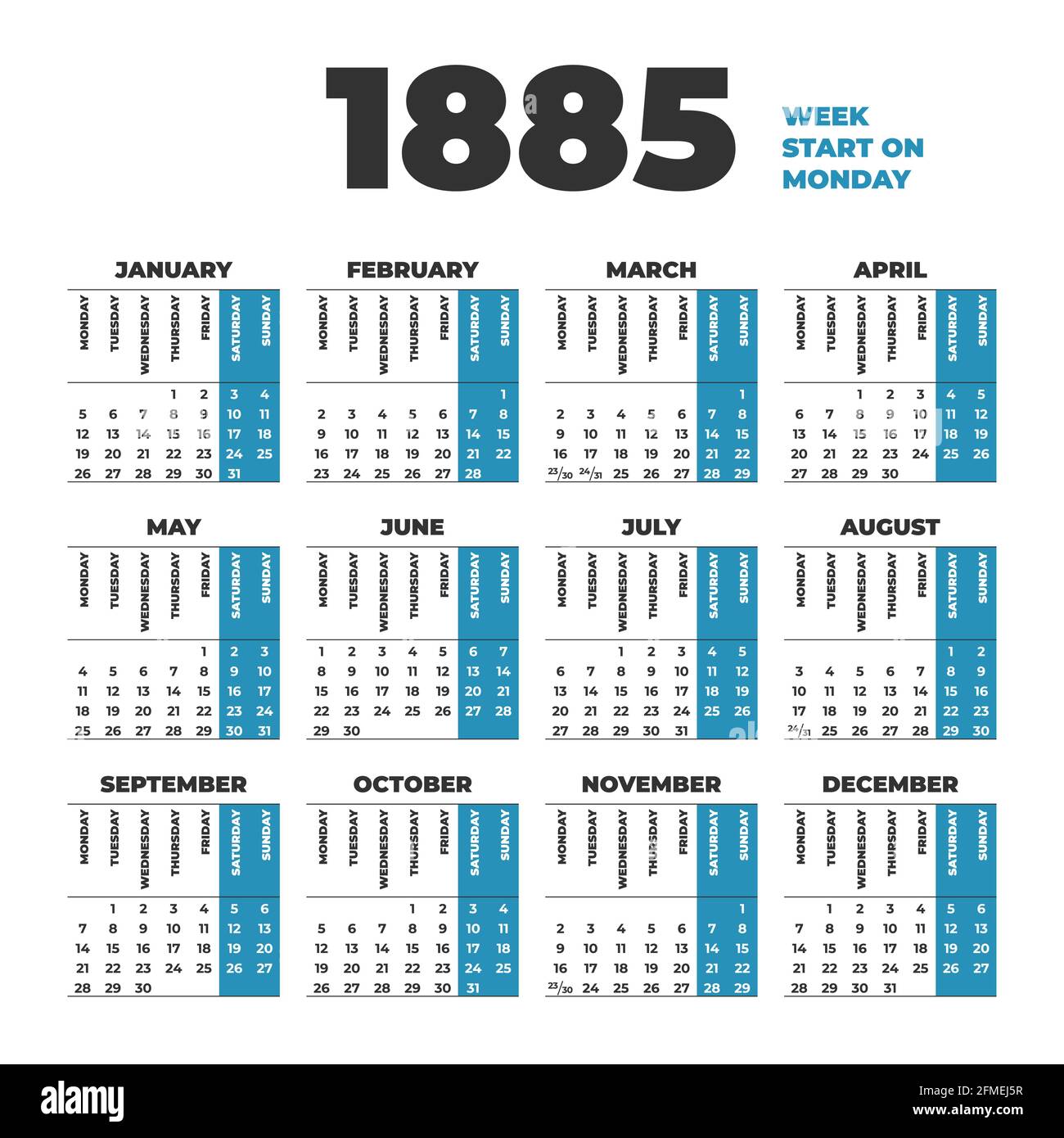 Vektorkalender für 1885 Jahre. Die Wochen beginnen am Montag Stock Vektor