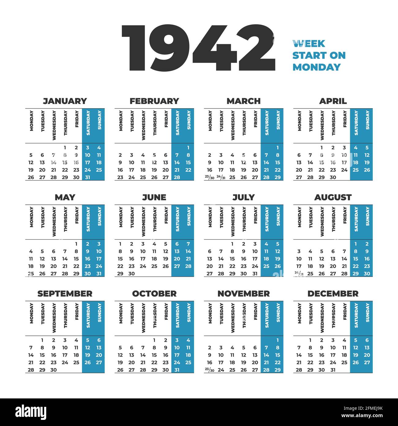 Vektorkalender für 1942 Jahre. Die Wochen beginnen am Montag Stock Vektor