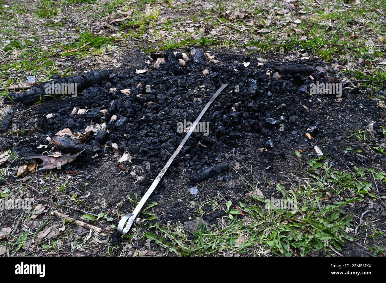 Ein Kamin in der Natur mit verbrannten Kohlen aus Holzstämmen und einem Metallspieß, der in ihn geworfen wurde. Stockfoto